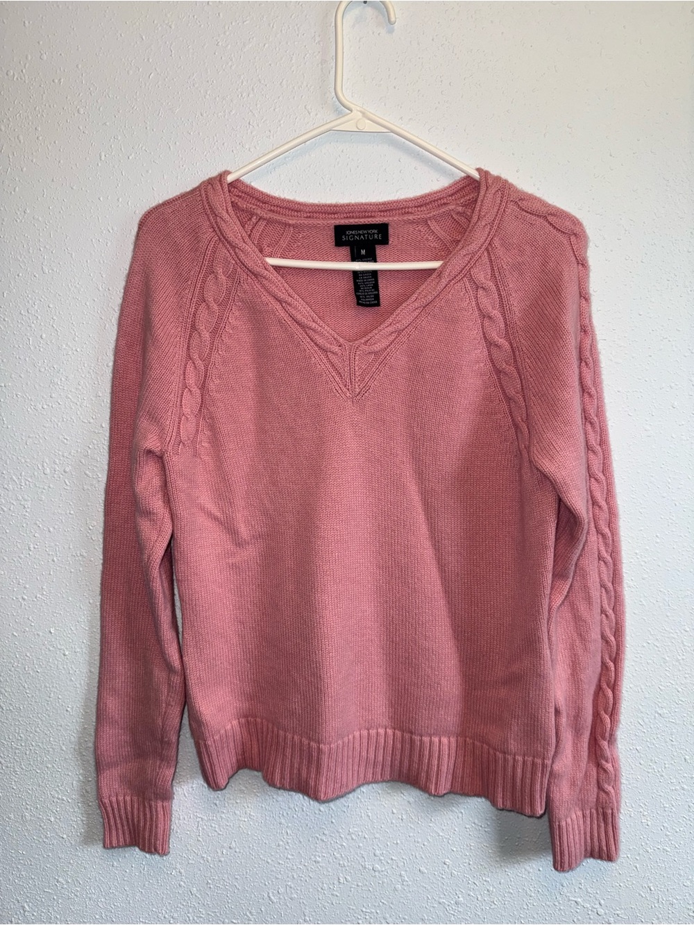 Jones New York Dusty Rose Cable-Trim V-Neck Sweater angora